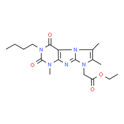 ChemSpider 2D Image | Ethyl (3-butyl-1,6,7-trimethyl-2,4-dioxo-1,2,3,4-tetrahydro-8H-imidazo[2,1-f]purin-8-yl)acetate | C18H25N5O4