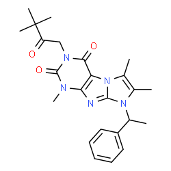 ChemSpider 2D Image | 3-(3,3-Dimethyl-2-oxobutyl)-1,6,7-trimethyl-8-(1-phenylethyl)-1H-imidazo[2,1-f]purine-2,4(3H,8H)-dione | C24H29N5O3