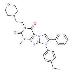 ChemSpider 2D Image | 8-(4-Ethylphenyl)-1-methyl-3-[2-(4-morpholinyl)ethyl]-7-phenyl-1H-imidazo[2,1-f]purine-2,4(3H,8H)-dione | C28H30N6O3