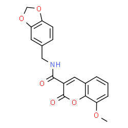 ChemSpider 2D Image | N-(1,3-Benzodioxol-5-ylmethyl)-8-methoxy-2-oxo-2H-chromene-3-carboxamide | C19H15NO6