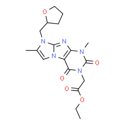 ChemSpider 2D Image | Ethyl [1,7-dimethyl-2,4-dioxo-8-(tetrahydro-2-furanylmethyl)-1,2,4,8-tetrahydro-3H-imidazo[2,1-f]purin-3-yl]acetate | C18H23N5O5