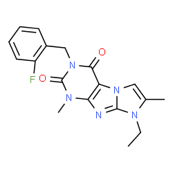 ChemSpider 2D Image | 8-Ethyl-3-(2-fluorobenzyl)-1,7-dimethyl-1H-imidazo[2,1-f]purine-2,4(3H,8H)-dione | C18H18FN5O2