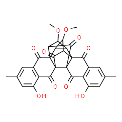 ChemSpider 2D Image | 8,23-Dihydroxy-14,28-dimethoxy-6,21-dimethylnonacyclo[14.11.1.0~2,11~.0~2,15~.0~4,9~.0~11,26~.0~13,17~.0~17,26~.0~19,24~]octacosa-4,6,8,19,21,23-hexaene-3,10,12,18,25,27-hexone | C32H24O10