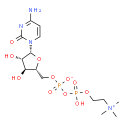 ChemSpider 2D Image | 4-Amino-1-{5-O-[({hydroxy[2-(trimethylammonio)ethoxy]phosphoryl}oxy)phosphinato]-beta-D-arabinofuranosyl}-2(1H)-pyrimidinone | C14H26N4O11P2