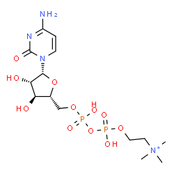 ChemSpider 2D Image | 4-Amino-1-{5-O-[hydroxy({hydroxy[2-(trimethylammonio)ethoxy]phosphoryl}oxy)phosphoryl]-beta-D-arabinofuranosyl}-2(1H)-pyrimidinone | C14H27N4O11P2
