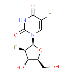 ChemSpider 2D Image | 1-(2-Deoxy-2-fluoro-beta-L-arabinofuranosyl)-5-fluoro-2,4(1H,3H)-pyrimidinedione | C9H10F2N2O5