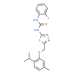 ChemSpider 2D Image | 1-(2-Fluorophenyl)-3-{5-[(2-isopropyl-5-methylphenoxy)methyl]-1,3,4-thiadiazol-2-yl}urea | C20H21FN4O2S