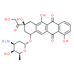 ChemSpider 2D Image | (3S)-3-Glycoloyl-3,5,10-trihydroxy-6,11-dioxo-1,2,3,4,6,11-hexahydro-1-tetracenyl 3-amino-2,3,6-trideoxy-alpha-L-lyxo-hexopyranoside | C26H27NO10