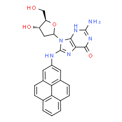 ChemSpider 2D Image | 2-Amino-9-(2-deoxy-D-erythro-pentofuranosyl)-8-(2-pyrenylamino)-3,9-dihydro-6H-purin-6-one | C26H22N6O4