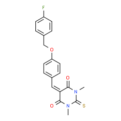 ChemSpider 2D Image | 5-{4-[(4-Fluorobenzyl)oxy]benzylidene}-1,3-dimethyl-2-thioxodihydro-4,6(1H,5H)-pyrimidinedione | C20H17FN2O3S