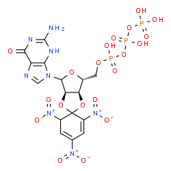 ChemSpider 2D Image | 2-Amino-9-[5-O-(hydroxy{[hydroxy(phosphonooxy)phosphoryl]oxy}phosphoryl)-2,3-O-(2,4,6-trinitro-2,4-cyclohexadiene-1,1-diyl)-D-ribofuranosyl]-3,9-dihydro-6H-purin-6-one | C16H17N8O20P3
