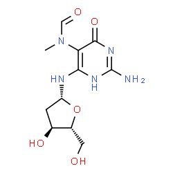 ChemSpider 2D Image | N-{2-Amino-5-[formyl(methyl)amino]-6-oxo-3,6-dihydro-4-pyrimidinyl}-2-deoxy-beta-D-erythro-pentofuranosylamine | C11H17N5O5