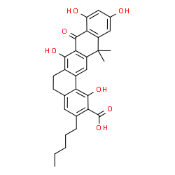 ChemSpider 2D Image | 1,7,9,11-Tetrahydroxy-13,13-dimethyl-8-oxo-3-pentyl-5,6,8,13-tetrahydrobenzo[a]tetracene-2-carboxylic acid | C30H30O7