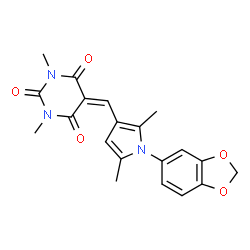 ChemSpider 2D Image | 5-{[1-(1,3-Benzodioxol-5-yl)-2,5-dimethyl-1H-pyrrol-3-yl]methylene}-1,3-dimethyl-2,4,6(1H,3H,5H)-pyrimidinetrione | C20H19N3O5