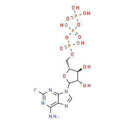 ChemSpider 2D Image | 2-Fluoro-9-[5-O-(hydroxy{[hydroxy(phosphonooxy)phosphoryl]oxy}phosphoryl)-D-arabinofuranosyl]-9H-purin-6-amine | C10H15FN5O13P3