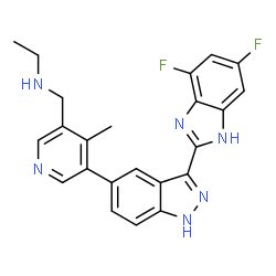 ChemSpider 2D Image | N-({5-[3-(4,6-Difluoro-1H-benzimidazol-2-yl)-1H-indazol-5-yl]-4-methyl-3-pyridinyl}methyl)ethanamine | C23H20F2N6