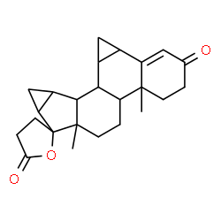 ChemSpider 2D Image | 5a,7a-Dimethyl-1,1a,5,5a,5b,6,7,7a,8a,9,9a,9b,9c,9d-tetradecahydro-3'H-spiro[cyclopropa[4,5]cyclopenta[1,2-a]cyclopropa[l]phenanthrene-8,2'-furan]-3,5'(4H,4'H)-dione | C24H30O3