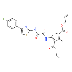 ChemSpider 2D Image | 2-Allyl 4-ethyl 5-{[{[4-(4-fluorophenyl)-1,3-thiazol-2-yl]amino}(oxo)acetyl]amino}-3-methyl-2,4-thiophenedicarboxylate | C23H20FN3O6S2
