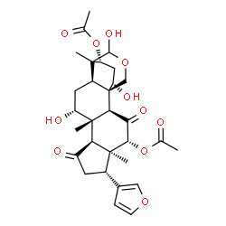 ChemSpider 2D Image | (1S,2S,4R,5S,6S,9S,10S,11R,13R,18S,20R)-6-(3-Furyl)-11,15,18-trihydroxy-5,10,14-trimethyl-3,8-dioxo-16-oxapentacyclo[12.3.3.0~1,13~.0~2,10~.0~5,9~]icosane-4,20-diyl diacetate | C30H38O11