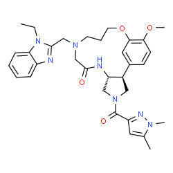 ChemSpider 2D Image | (2S,6R)-4-[(1,5-Dimethyl-1H-pyrazol-3-yl)carbonyl]-10-[(1-ethyl-1H-benzimidazol-2-yl)methyl]-16-methoxy-14-oxa-4,7,10-triazatricyclo[13.3.1.0~2,6~]nonadeca-1(19),15,17-trien-8-one | C32H39N7O4