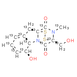 ChemSpider 2D Image | (1R,7S,8S,11R)-7-Hydroxy-11-[hydroxy(~13~C)methyl]-15-(~13~C)methyl(~13~C_11_)-12,13-dithia-9,15-diazatetracyclo[9.2.2.0~1,9~.0~3,8~]pentadeca-3,5-diene-10,14-dione | 13C13H14N2O4S2