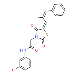 ChemSpider 2D Image | N-(3-Hydroxyphenyl)-2-{(5E)-5-[(2Z)-2-methyl-3-phenyl-2-propen-1-ylidene]-2,4-dioxo-1,3-thiazolidin-3-yl}acetamide | C21H18N2O4S