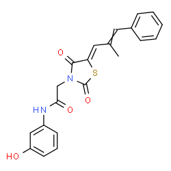 ChemSpider 2D Image | N-(3-Hydroxyphenyl)-2-[(5Z)-5-(2-methyl-3-phenyl-2-propen-1-ylidene)-2,4-dioxo-1,3-thiazolidin-3-yl]acetamide | C21H18N2O4S