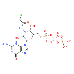 ChemSpider 2D Image | Triphosphoric acid, mono[[6-(2-amino-3,6-dihydro-6-oxo-9H-purin-9-yl)-4-[(2-chloroacetyl)amino]-3,5-dihydroxy-2-morpholinyl]methyl] ester | C12H19ClN7O15P3