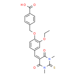 ChemSpider 2D Image | 4-({4-[(1,3-Dimethyl-4,6-dioxo-2-thioxotetrahydro-5(2H)-pyrimidinylidene)methyl]-2-ethoxyphenoxy}methyl)benzoic acid | C23H22N2O6S