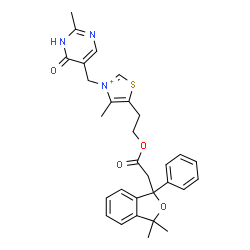 ChemSpider 2D Image | 5-{2-[2-(3,3-Dimethyl-1-phenyl-1,3-dihydro-2-benzofuran-1-yl)acetoxy]ethyl}-4-methyl-3-[(2-methyl-6-oxo-1,6-dihydro-5-pyrimidinyl)methyl]-1,3-thiazol-3-ium | C30H32N3O4S