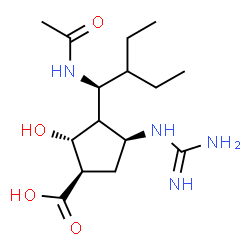 ChemSpider 2D Image | (1R,2R,4S)-3-[(1S)-1-Acetamido-2-ethylbutyl]-4-carbamimidamido-2-hydroxycyclopentanecarboxylic acid | C15H28N4O4