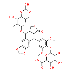 ChemSpider 2D Image | 4-(9-{[2-Deoxy-4,6-O-(hydroxymethylene)-2-methylhexopyranosyl]oxy}-6-oxo-5,5a,6,8,8a,9-hexahydrofuro[3',4':6,7]naphtho[2,3-d][1,3]dioxol-5-yl)-2,6-dimethoxyphenyl hexopyranosiduronic acid | C35H40O19