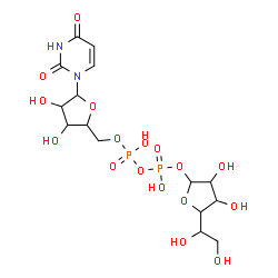 ChemSpider 2D Image | 5-(1,2-Dihydroxyethyl)-3,4-dihydroxytetrahydro-2-furanyl [5-(2,4-dioxo-3,4-dihydro-1(2H)-pyrimidinyl)-3,4-dihydroxytetrahydro-2-furanyl]methyl dihydrogen diphosphate | C15H24N2O17P2