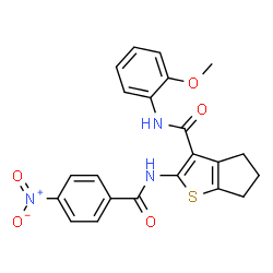 ChemSpider 2D Image | N-(2-Methoxyphenyl)-2-[(4-nitrobenzoyl)amino]-5,6-dihydro-4H-cyclopenta[b]thiophene-3-carboxamide | C22H19N3O5S