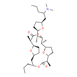 ChemSpider 2D Image | (1R,2S,5S,6S,7S,10R,11R,14S,16S)-5-[(1R)-1-{(2R,5S)-5-[2-(Dimethylamino)pentyl]tetrahydro-2-furanyl}ethyl]-2,6,11-trimethyl-14-propyl-4,13,19,20-tetraoxatricyclo[14.2.1.1~7,10~]icosane-3,12-dione | C35H61NO7