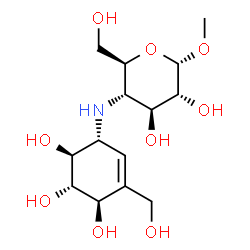 ChemSpider 2D Image | Methyl 4-deoxy-4-{[(1R,4R,5S,6S)-4,5,6-trihydroxy-3-(hydroxymethyl)-2-cyclohexen-1-yl]amino}-alpha-D-glucopyranoside | C14H25NO9