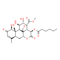ChemSpider 2D Image | Methyl (1beta,8xi,11beta,12alpha,15beta)-15-(hexanoyloxy)-1,11,12-trihydroxy-2,16-dioxo-13,20-epoxypicras-3-en-21-oate | C27H36O11
