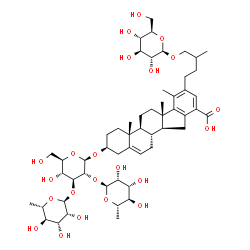 ChemSpider 2D Image | (2S,4aR,4bS,6aS,11aS,11bR)-2-{[(2R,3R,4S,5R,6R)-5-Hydroxy-6-(hydroxymethyl)-3,4-bis{[(2S,3R,4R,5R,6S)-3,4,5-trihydroxy-6-methyltetrahydro-2H-pyran-2-yl]oxy}tetrahydro-2H-pyran-2-yl]oxy}-4a,6a,7-trimet
hyl-8-(3-methyl-4-{[(2R,3R,4S,5S,6R)-3,4,5-trihydroxy-6-(hydroxymethyl)tetrahydro-2H-pyran-2-yl]oxy}butyl)-2,3,4,4a,4b,5,6,6a,11,11a,11b,12-dodecahydro-1H-indeno[2,1-a]phenanthrene-10-carboxylic acid 
(non-preferred name) | C54H82O22