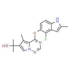 ChemSpider 2D Image | 2-(4-((4-Fluoro-2-methyl-1H-indol-5-yl)oxy)-5-methylpyrrolo[2,1-f][1,2,4]triazin-6-yl)propan-2-ol | C19H19FN4O2