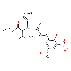 ChemSpider 2D Image | Ethyl (2Z)-2-(2-hydroxy-3,5-dinitrobenzylidene)-7-methyl-3-oxo-5-(2-thienyl)-2,3-dihydro-5H-[1,3]thiazolo[3,2-a]pyrimidine-6-carboxylate | C21H16N4O8S2