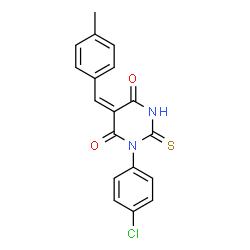 ChemSpider 2D Image | (5E)-1-(4-Chlorophenyl)-5-(4-methylbenzylidene)-2-thioxodihydro-4,6(1H,5H)-pyrimidinedione | C18H13ClN2O2S