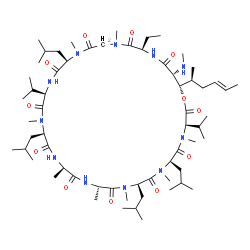 ChemSpider 2D Image | (3R,6R,9R,12S,15R,18R,21R,24R,30R,33R,34S)-30-Ethyl-34-[(2S,4E)-4-hexen-2-yl]-6,9,18,24-tetraisobutyl-3,21-diisopropyl-4,7,10,12,15,19,25,28-octamethyl-33-(methylamino)-1-oxa-4,7,10,13,16,19,22,25,28,
31-decaazacyclotetratriacontane-2,5,8,11,14,17,20,23,26,29,32-undecone | C62H111N11O12