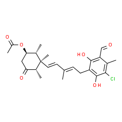 ChemSpider 2D Image | (1R,2R,3R,4S)-3-[(1E,3E)-5-(3-Chloro-5-formyl-2,6-dihydroxy-4-methylphenyl)-3-methyl-1,3-pentadien-1-yl]-2,3,4-trimethyl-5-oxocyclohexyl acetate | C25H31ClO6