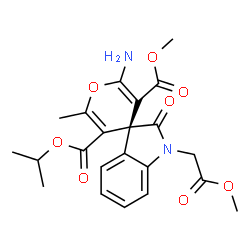 ChemSpider 2D Image | 5'-Isopropyl 3'-methyl (3R)-2'-amino-1-(2-methoxy-2-oxoethyl)-6'-methyl-2-oxo-1,2-dihydrospiro[indole-3,4'-pyran]-3',5'-dicarboxylate | C22H24N2O8