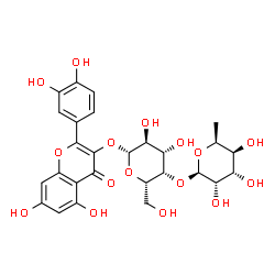 ChemSpider 2D Image | 2-(3,4-Dihydroxyphenyl)-5,7-dihydroxy-4-oxo-4H-chromen-3-yl 4-O-(6-deoxy-beta-L-gulopyranosyl)-beta-L-galactopyranoside | C27H30O16