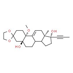 ChemSpider 2D Image | (5S,10R,13R,17R)-10-Methoxy-13-methyl-17-(1-propyn-1-yl)-1,2,6,7,8,10,12,13,14,15,16,17-dodecahydrospiro[cyclopenta[a]phenanthrene-3,2'-[1,3]dioxolane]-5,17(4H)-diol | C24H34O5