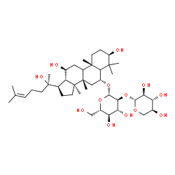 ChemSpider 2D Image | (3alpha,5xi,6beta,8alpha,9xi,10alpha,12alpha,13alpha,14beta,17alpha,20R)-3,12,20-Trihydroxydammar-24-en-6-yl 2-O-beta-L-xylopyranosyl-beta-L-glucopyranoside | C41H70O13
