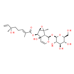 ChemSpider 2D Image | (1aS,1bR,2R,5aR,6S,6aR)-2-(beta-L-Glucopyranosyloxy)-5a-hydroxy-1a-methyl-1a,1b,2,5a,6,6a-hexahydrooxireno[4,5]cyclopenta[1,2-c]pyran-6-yl (2E,6R)-6-hydroxy-2,6-dimethyl-2,7-octadienoate | C25H36O12