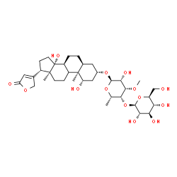 ChemSpider 2D Image | (1alpha,3alpha,5alpha,8alpha,9xi,10alpha,13alpha,14alpha,17alpha)-3-{[6-Deoxy-4-O-(beta-L-glucopyranosyl)-3-O-methyl-alpha-L-talopyranosyl]oxy}-1,14-dihydroxycard-20(22)-enolide | C36H56O14