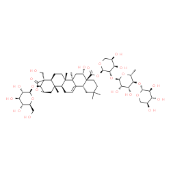 ChemSpider 2D Image | beta-L-Xylopyranosyl-(1->4)-6-deoxy-alpha-D-mannopyranosyl-(1->2)-1-O-[(2alpha,3alpha,5beta,8alpha,9beta,10alpha,14beta,16beta,17alpha,18alpha)-3-(beta-L-glucopyranosyloxy)-16,23-dihydroxy-24,28-dioxo
-2,24-epoxyolean-12-en-28-yl]-alpha-D-arabinopyranose | C52H80O24